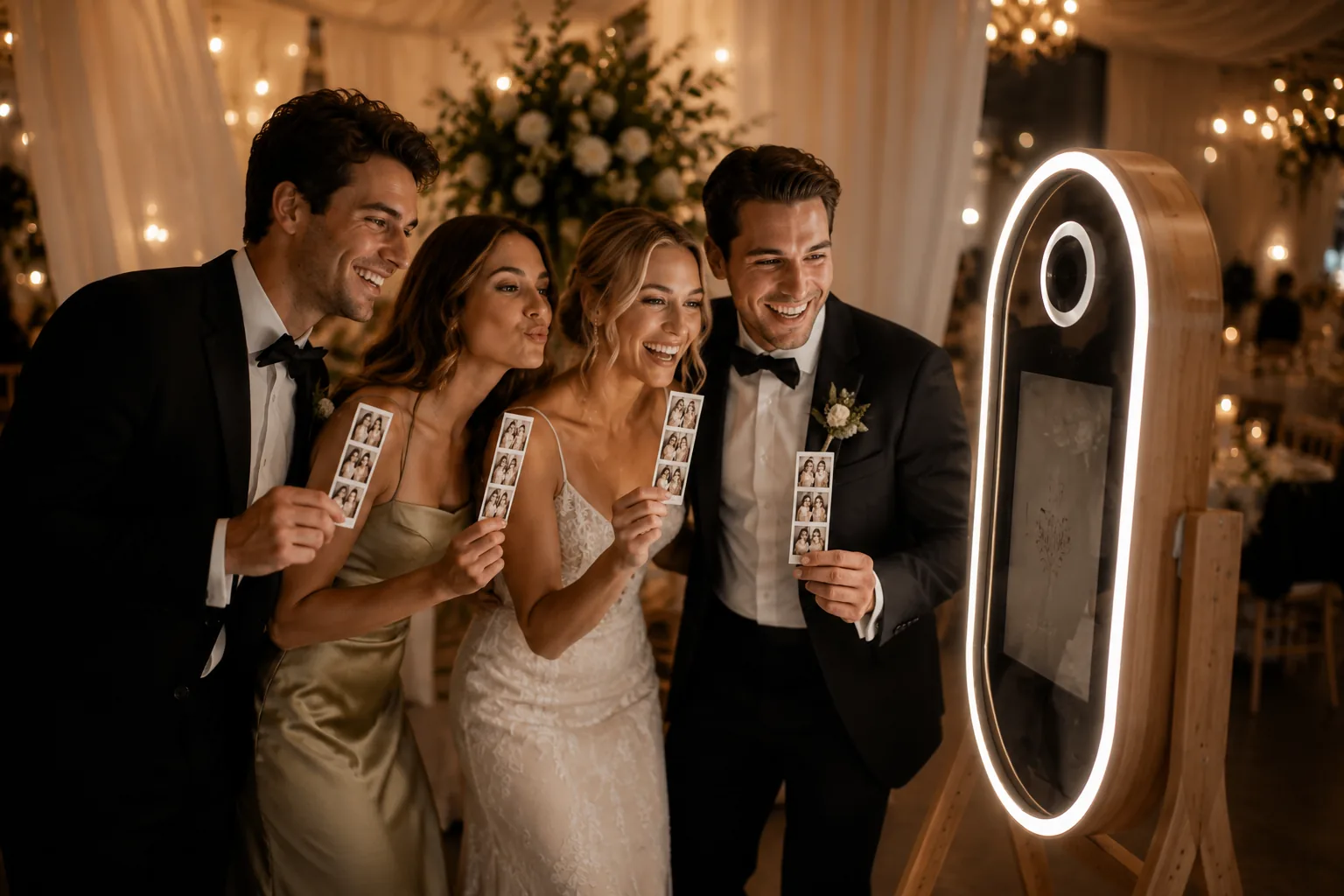 Sfeerbeelden van gasten bij een Noevelia fotobooth op een huwelijk